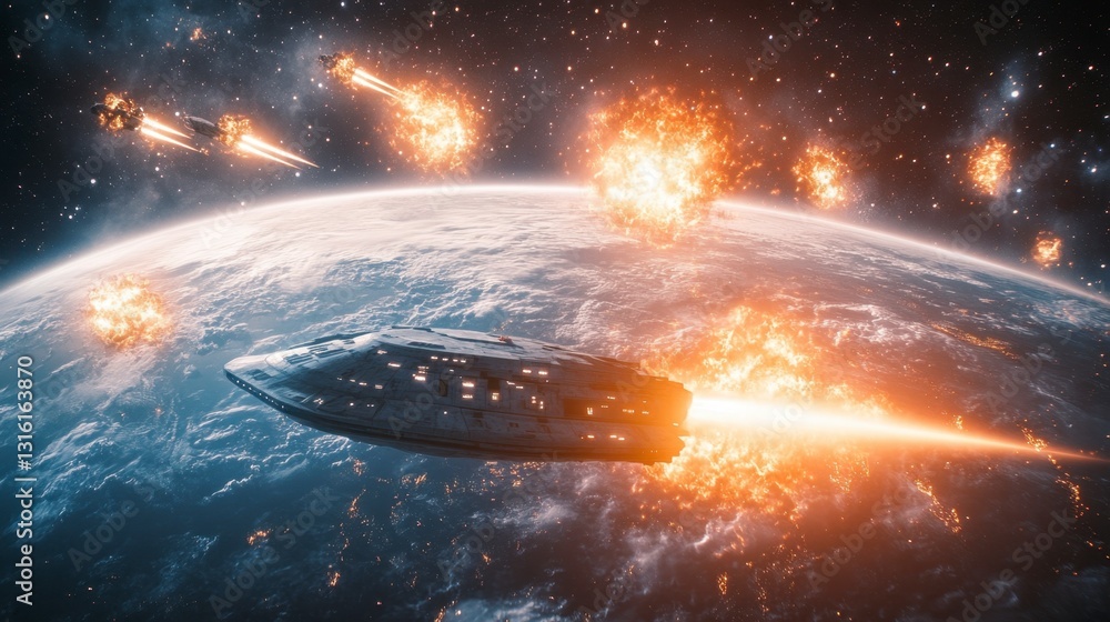 Poster spaceship escaping fiery explosions near a planet. intense action scene in space. dramatic lighting 