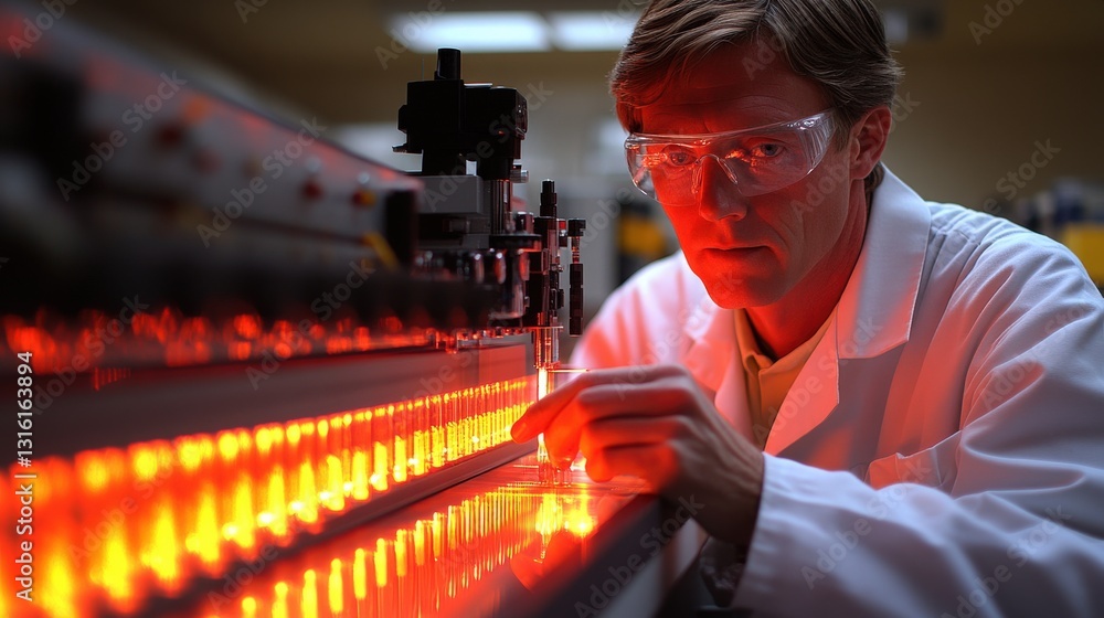 Poster scientist in lab coat carefully examines samples illuminated by red light, using advanced laboratory