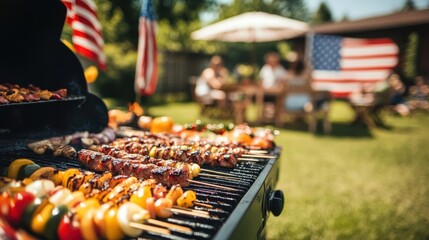 Backyard barbecue and grill party with American flags. Independence Day, July 4th