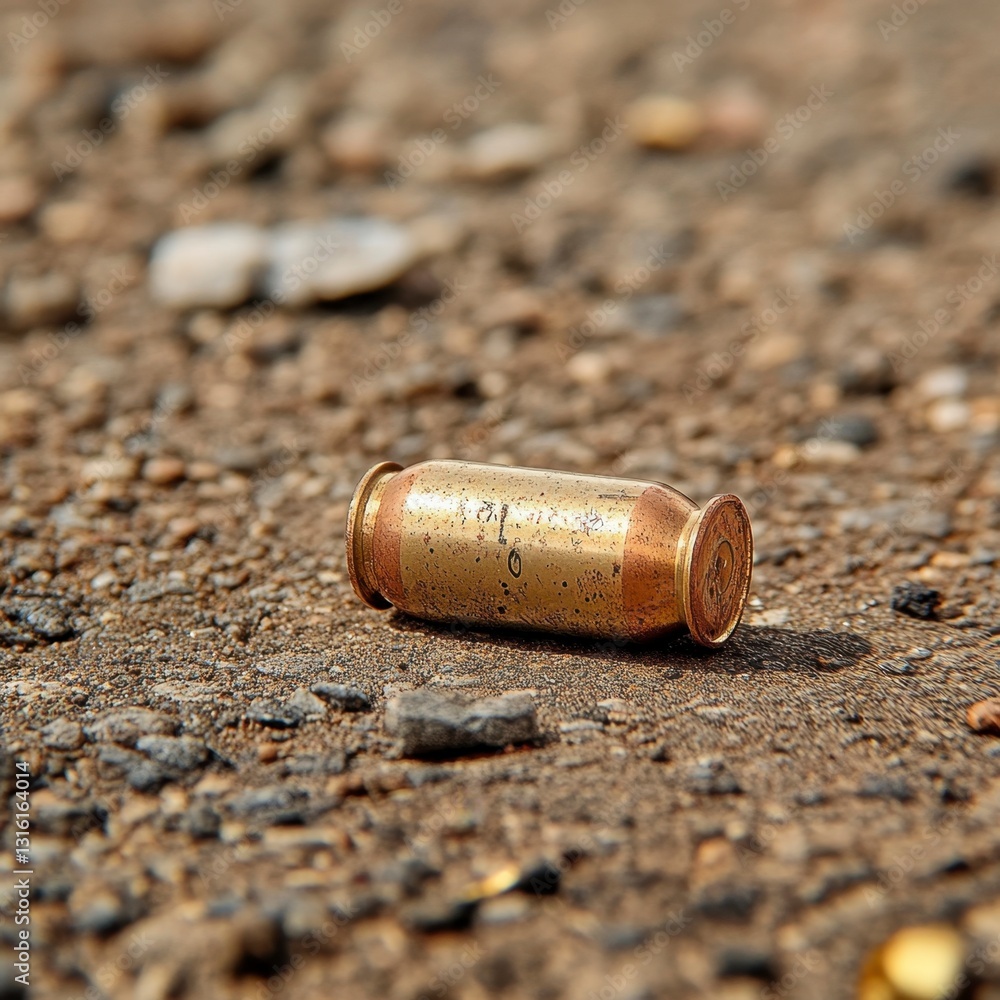 Poster close up view of a single spent bullet casing lying on a gravel surface. the casing is gold colored 
