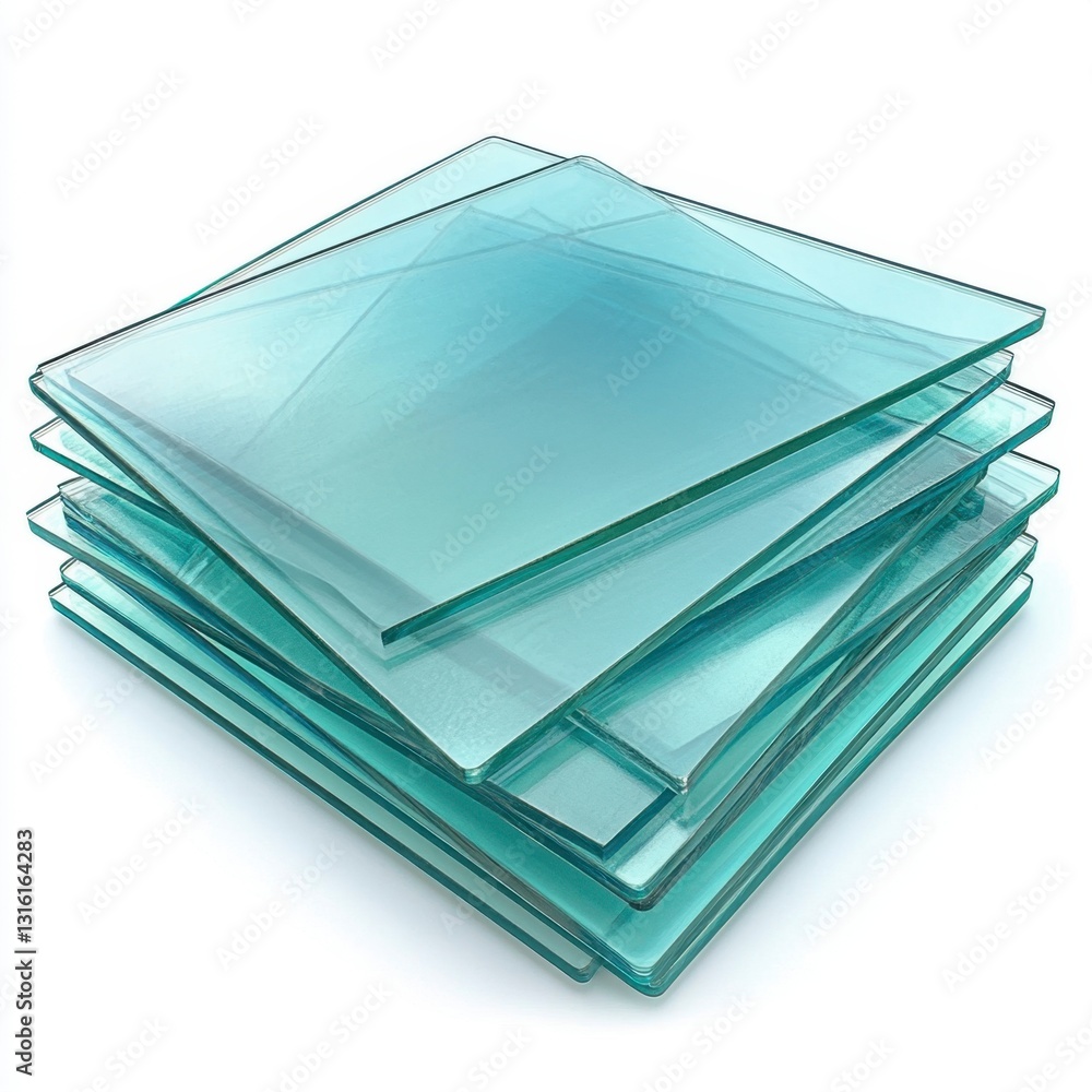 Poster stack of clear glass sheets on a white background. the glass is slightly translucent, and the edges 