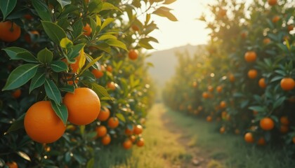 Cinematic view of a vibrant orange grove at sunset highlighting ripe fruit and lush greenery