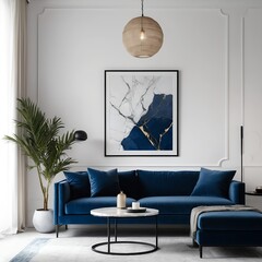Modern Living Room Interior with Blue Velvet Sofa and Abstract Art