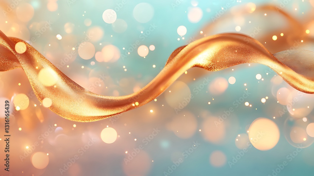 Poster flowing golden silk fabric against a colorful bokeh background abstract art dynamic scene