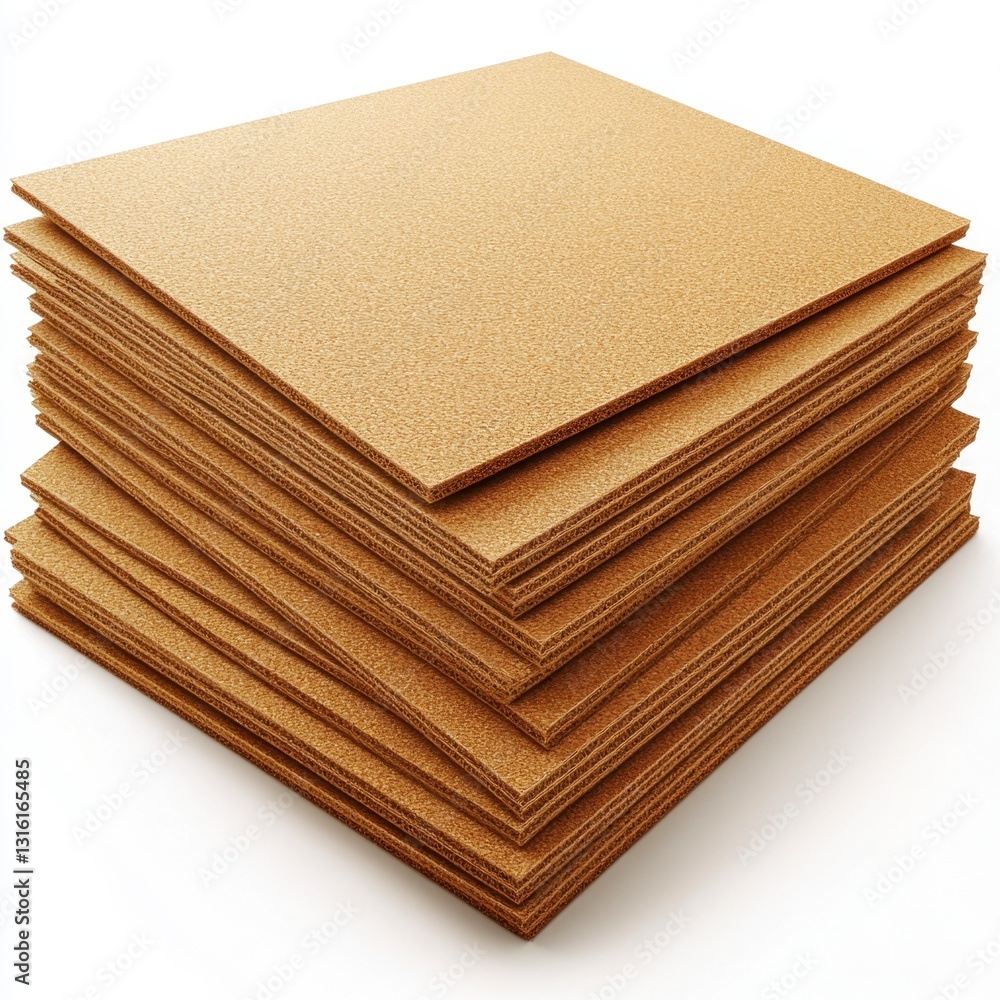 Poster a stack of light brown cork tiles on a white background. the tiles are neatly arranged, showing thei