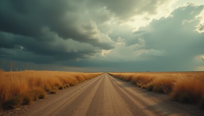 Cinematic view of a desolate dirt road beneath an expansive sky filled with dramatic clouds during twilight