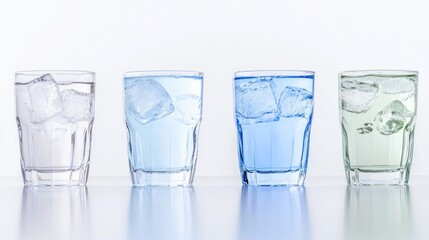 Four Transparent Glasses Filled with Ice Cubes and Colored Water on a Minimalist Surface in a Bright Studio Setting