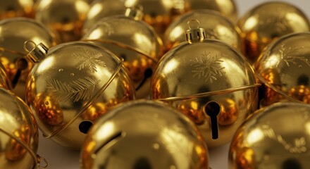 Golden Sleigh Bells Close Up with Christmas Ornament Details