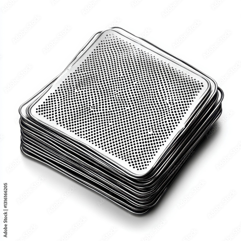 Aufkleber stack of square perforated metal sheets on white background. close up studio shot shows detailed tex