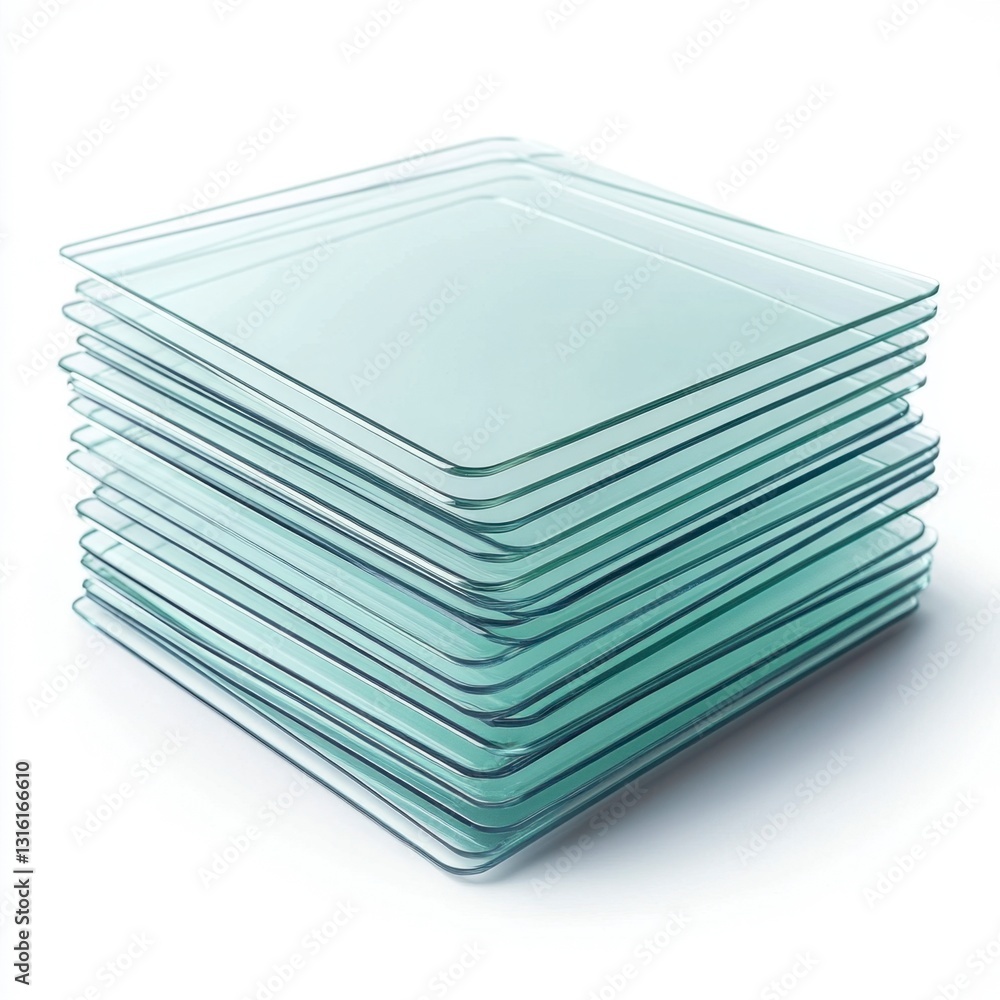 Poster a stack of square glass plates on a white background. the glass is transparent with slightly visible