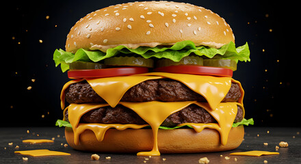 "A close-up of a double cheeseburger with a thick, juicy beef patty, dripping with melted cheddar cheese. The burger is layered with fresh green lettuce, sliced red tomatoes, crunchy pickles, and a so