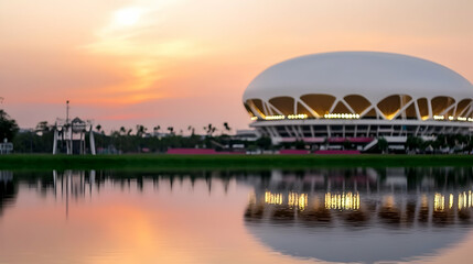Naklejka premium A stadium reflected in water during a beautiful sunset evening