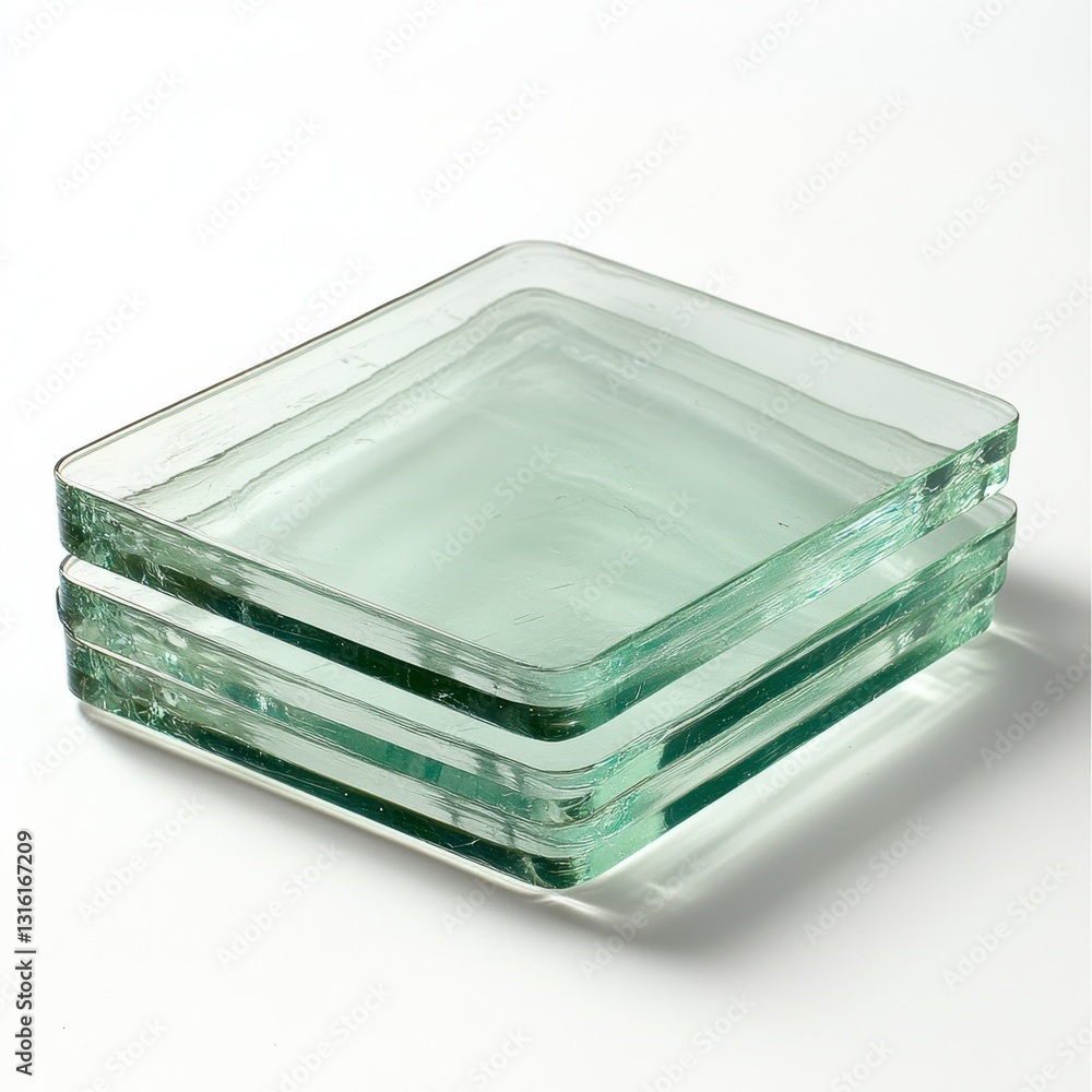 Poster stack of three square clear glass plates on white background. each plate shows slight variations in 