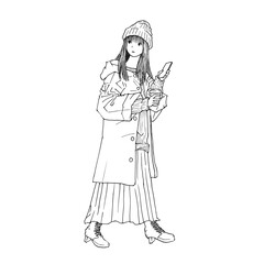 コーヒーを片手にスマホで何かを探している女性（mono、png）