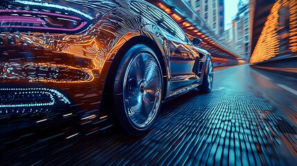 The fast moving luxury automobile driving through an illuminated city street