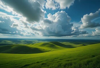 Vibrant Rolling Green Hills Under Dramatic Cloud Formation, Natural Landscape with Summer Sky. Sunlight grasslands. Ideal for environmental and serenity themes.