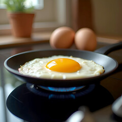 A hyper-realistic cooking a fried egg on a pan
