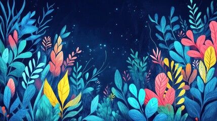 Colorful abstract plants and leaves against a dark blue background