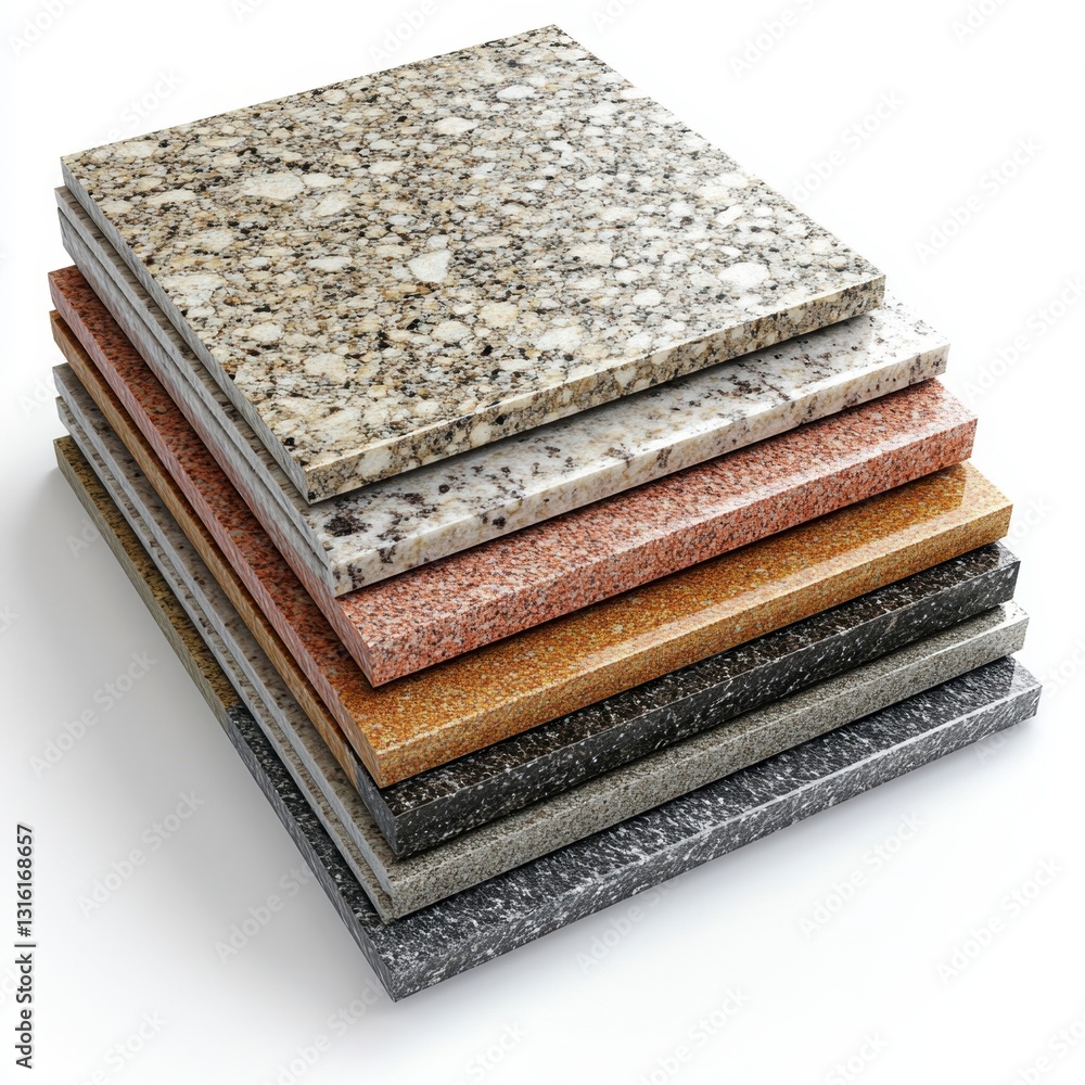 Poster a stack of granite samples in various colors and patterns, showcasing different textures and shades.
