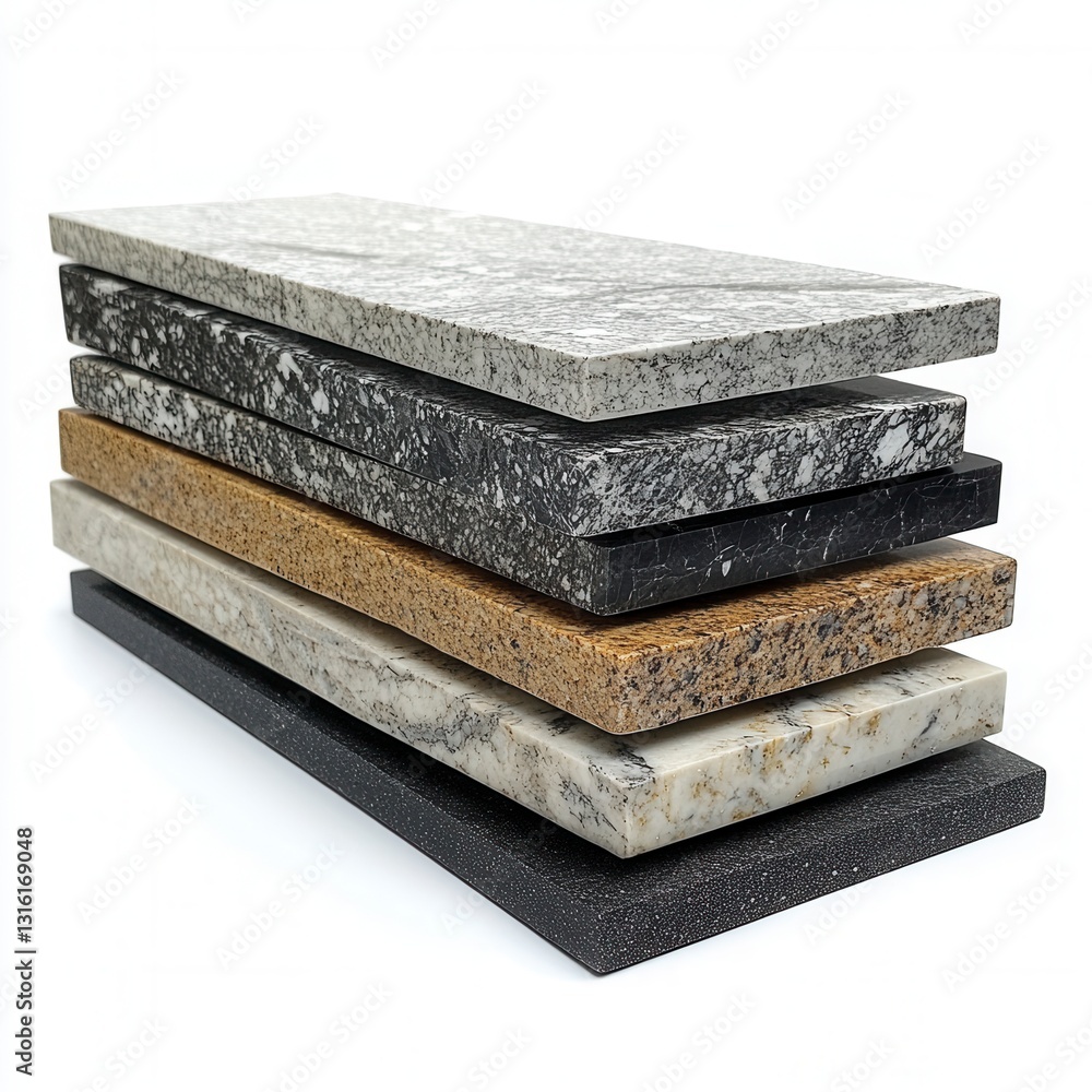 Poster stacked samples of granite like countertop materials in varying colors and patterns, showcasing thei