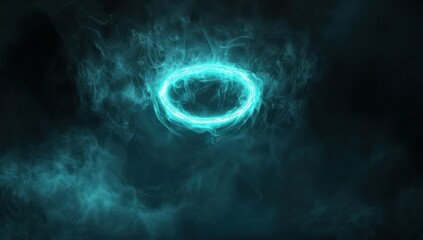 Fototapeta premium Smoke and mist around a floating teal ring, dark fantasy background.
