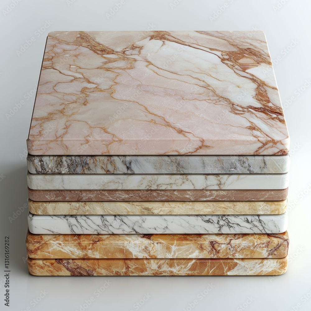 Aufkleber stack of square marble slabs in various neutral earth tones, showcasing different veining and patter