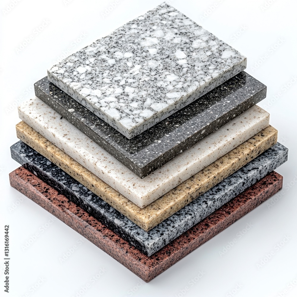 Aufkleber stack of speckled stone samples in varying colors, showcasing different textures and patterns. close