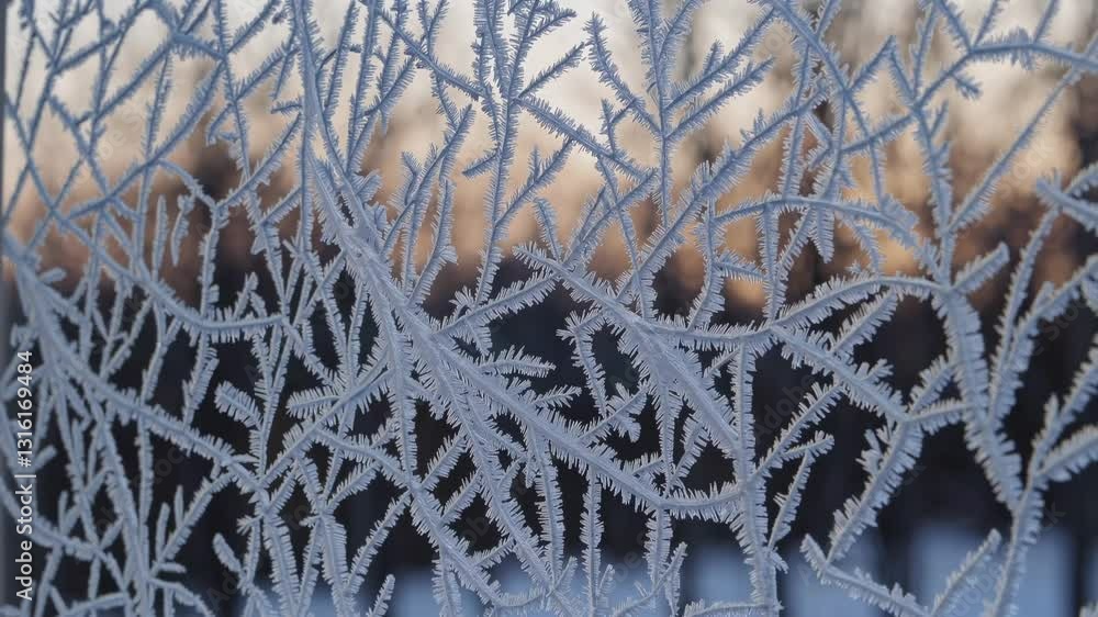 Poster close-up video of intricate frost patterns on a window, shot at eye level. the background shows a so