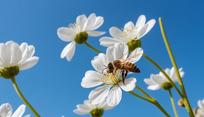 Obraz premium Honeybee Pollinating White Flower Against Blue Sky