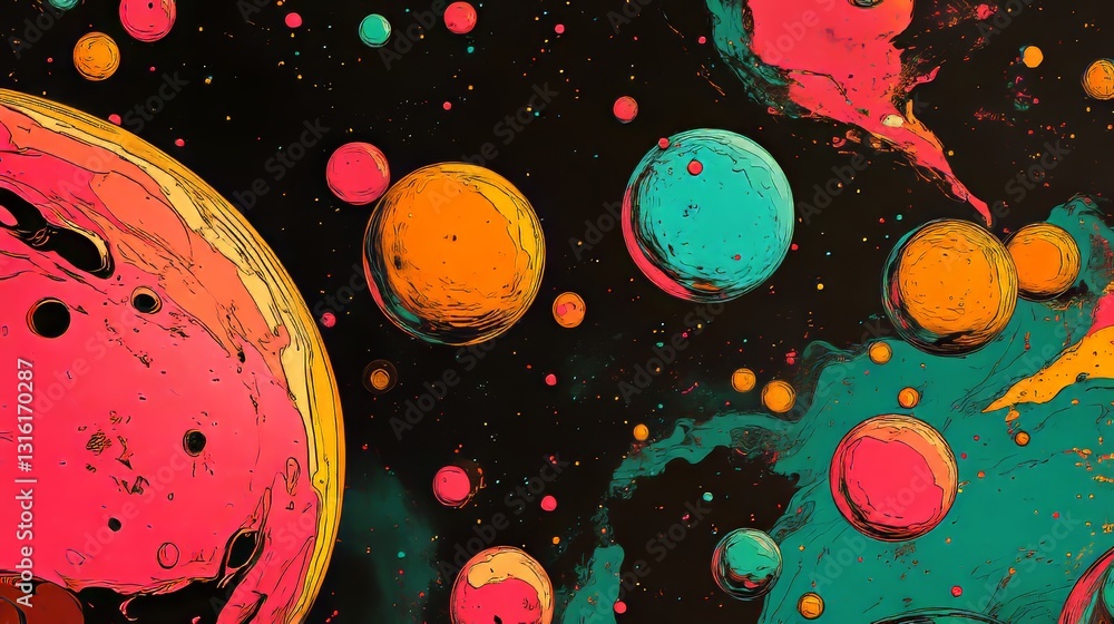 Poster a background image with a colorful bubble design and a black section for copying, suitable for onlin