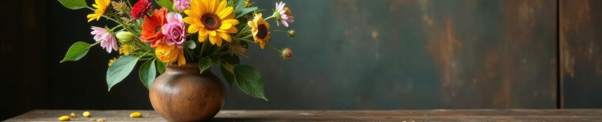 Obraz premium Wildflower arrangement in a vintage wooden vase, floral art, wood, botanical