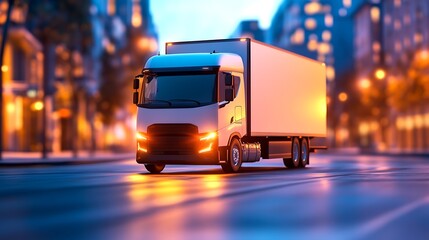 Truck driving through city streets at dusk urban environment transportation scene