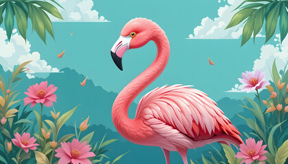 Naklejka premium Standing Flamingo Illustration with Tropical Plants and Light Turquoise Sky