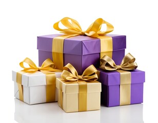Stack of Gifts with Purple and Gold Ribbons