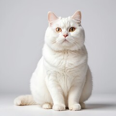 Fluffy White Cat Sitting on White Background