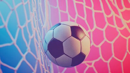 Soccer ball in net, vibrant pink and blue background.