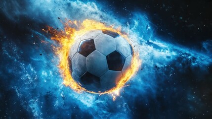 Fototapeta premium Fiery soccer ball engulfed in flames and ice, cosmic background.