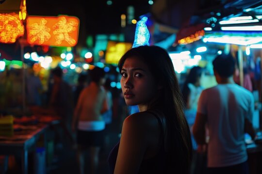 Vibrant energy fills the night at a bustling Asian city market illuminated by neon lights and lively street vendors. Generative AI - Powered by Adobe
