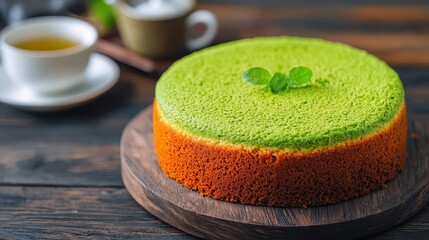 Moist Green and Orange Cake with Mint Leaf on Wooden Serving Board