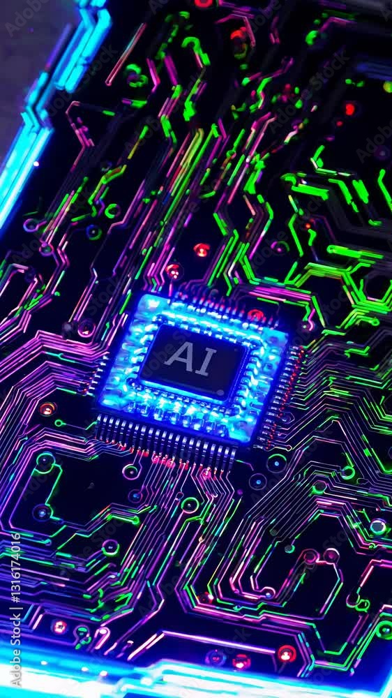 Aufkleber close-up video of a glowing ai microchip on a circuit board, showcasing vibrant neon colors and intr