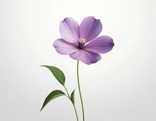 Obraz premium Single Purple Flower with Green Leaves on White Background