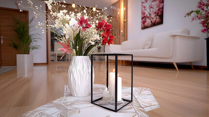 A modern interior featuring flowers and candles in a room