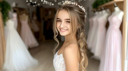 Naklejka premium A smiling woman wearing a tiara and a wedding dress