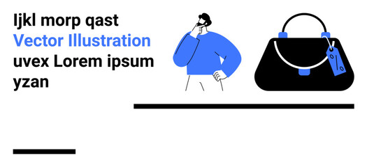 Character in blue sweater thoughtfully considering while a modern purse with price tag highlights shopping and style. Ideal for fashion, e-commerce, retail, branding, decision-making, luxury, flat