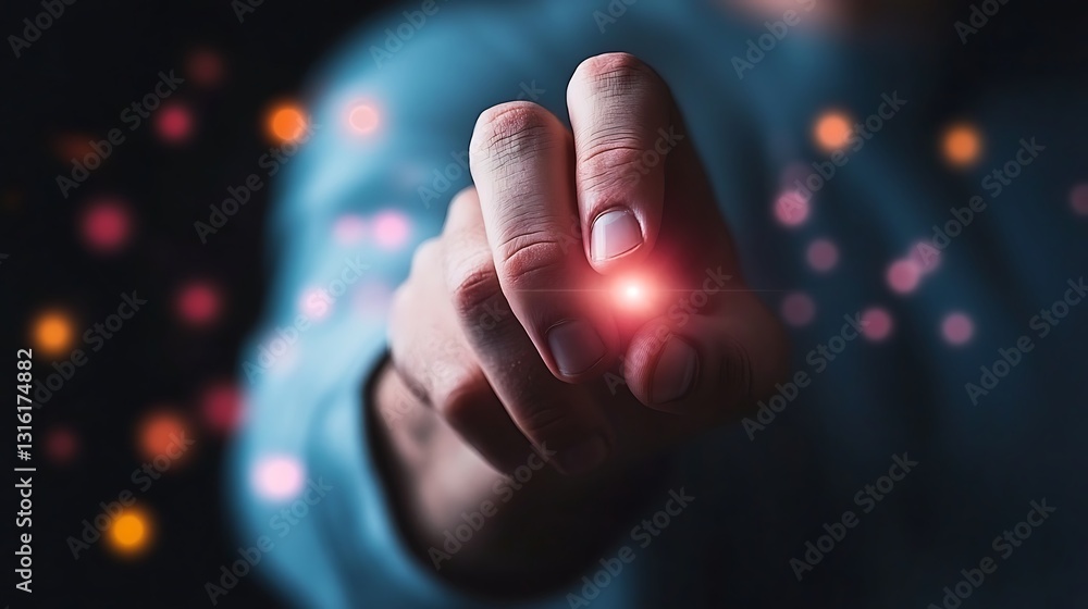 Poster digital art studio finger interaction with light particles in a dark visual concept