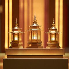 Obraz premium A podium with a smooth metallic finish, reflecting the gentle glow of distant temple lanterns