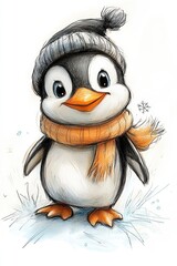 Fototapeta premium A cartoon penguin with a cute hat and scarf, white background, for children's books and postcards.