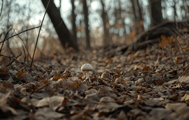 Obraz premium Small Mushroom Growing on Leafy Forest Floor During Autumn Season
