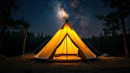 Illuminated Teepee under Milky Way, Forest Night