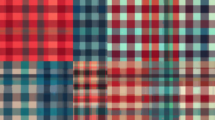 Big set of abstract modern seamless multicolored checkered, vertical and horizontal striped patterns on light background, red, blue and green color, flat style